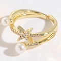 Anello regolabile placcato oro 14K con stella di cristallo rosa e due perle - Stile a Due Perle e Stella Rosa