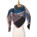 Classic oversized checkered triangle scarf with tassels in blue, grey, and pink tones - 135x135x200cm / SJ-41# Blue Pink