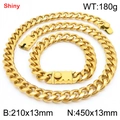 Golden 13mm Miami Cuban link set with square gear clasp necklace and bracelet - Style A (13mm) / Bracelet 21cm + Necklace 45cm / Gold