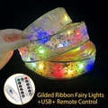 Golden LED Christmas ribbon with stars, USB powered and multi-mode remote control - Gold Bronzing (Multicolor + USB + Remote) / 10m