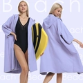 Light purple quick-dry hooded beach poncho with front buttons and white trim detail - One Size / Cardigan Style - Solid Light Purple