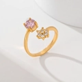 Gold leaf ring with pink round gemstone and clear zircon flower design - Pink Stone Flower (JZ022)