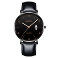 Men's business quartz watch featuring black leather strap and black dial with rose gold hands - Black Dial Rose Gold Hands Black Case Black Leather Strap
