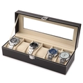Black 6-slot leather watch storage box with clear glass window and beige interior - 6-Slot Watch Organizer Box