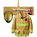 Flat acrylic firefighter Christmas ornament with fire suit, helmet, and axe on white background - 6-Firefighter Gear Set