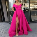 Detail of rose red satin evening dress featuring a sexy V-neck and high leg slit - US size 2 (S) / Rose Red