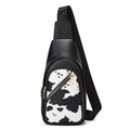 Detailed view of trendy cow print chest bag with荔枝纹 PU leather and metal zippers - Cow Print Black