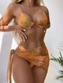 Three-piece bikini set with orange marble print and matching sheer mesh beach sarong - Orange