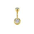 Gold stainless steel belly ring featuring two sparkling round cubic zirconia stones - Gold Double Stone