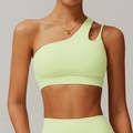 Neon green one-shoulder yoga sports bra with asymmetrical cutout strap and wide hem - Light Yellow Green
