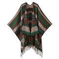 Bohemian vintage ethnic striped color-block shawl with fringe, cozy and warm winter layer. - Beige and Green