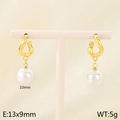 Elegant gold bow pearl drop earrings with 10mm white pearls on a white display stand - Minimalist Pearl Style (Style F Gold KE115799-GC)