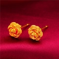 Elegant gold-plated brass rose stud earrings with textured petals on red silk fabric - Style 1 Embossed Rose Stud Earrings (1 Pair With Backs)