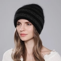 Cozy black rabbit fur knit beanie for women with shimmering silver glitter thread stripes - Black