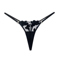 Perizoma sexy in velluto nero con ricamo floreale, inserti in rete e anelli di metallo regoli - M / Nero