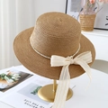 Detailed straw boater hat featuring pearl chain beads and oversized mesh lace bow accent - M (56-58cm) / JS80461-9 Coffee