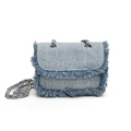 Blue denim mini crossbody bag for kids with frayed edges and silver chain strap - Light Blue