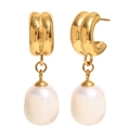 Elegant 18K gold-plated stainless steel hoop earrings with oval white pearl pendants - Minimalist Pearl Stud Earrings-Gold / Gold