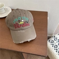 Distressed khaki cotton baseball cap with PRAY FOR Birdies embroidery and frayed edges - Adjustable / Brown