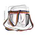 Detaillierte Maße der transparenten PVC Tasche mit bunten Trägern und Netztasche - Regenbogen (D6007—5)