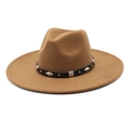 Detail of brown wool felt jazz hat featuring black leather band with silver metal studs - M (56-58cm) / Light Coffee