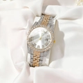 Luxury silver and rose gold watch with full diamond setting and Roman numerals date - Two-tone Gold Silver Surface