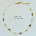 Green crystal and natural pearl beaded necklace with gold stainless steel extender chain - White Green Spacer Beads (1189)