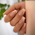 Close-up of matte nude square press-on nails with gold glitter V-shape geometric lines - Matte Nude Pink Gold V-Line Style (AW193)