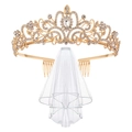 Gold bridal tiara with rhinestones and a multi-layered white wedding veil set - Gold Tiara & Veil Set