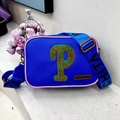 Blue nylon crossbody camera bag with pink piping and green plush letter P patch - Dark Blue