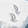 Vintage silver needle earrings with double C-shape design and shimmering crystal inlay - Silver