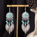 Bohemian retro silver tassel earrings with turquoise beads and feather pendants - S4289-2 Blue Water Drop Fringe Earrings