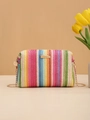 Rainbow striped woven crossbody bag with gold chain strap and zipper closure - Red