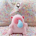 Pink plush Capybara keychain charm with blue nose and metal buckle on pastel background - Runny Nose Pink + Silver Clip