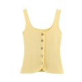 Detail of yellow knit tank top featuring U-neckline and decorative silver buttons - S / Yellow