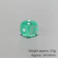 Detailed view of a 14mm transparent green resin die showing size and 2.5g weight info - Cyan