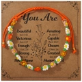 Handgemaakte kralenarmband met madeliefjesmotief en een verstelbaar oranje trekkoordje - Met displaykaart / Oranje Touw Kleurrijke Bloem