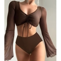 Two-piece dark brown long sleeve swimwear with mesh sleeves and high-waisted shorts - S / Coffee