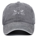 Casquette vintage gris foncé avec broderie de chat mignon et coton lavé de qualité - Taille unique / Gris