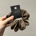 Dark coffee brown satin scrunchie with a glossy silk finish and elegant folds - Brown Grey