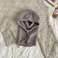 Grey knitted balaclava hood with drawstring on textured background for winter - One Size (55-60cm) / Gray