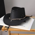 Detail of black woven cowboy hat featuring a metal star chain and adjustable chin strap - Black