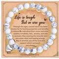 8mm Pink Zebra stone bead bracelet with silver heart charm on inspirational gift card - White Turquoise Heart With Card