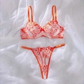 Macro detail of vibrant orange floral embroidery on sheer lace lingerie set - Orange