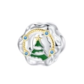 Silver Christmas tree charm with green enamel and blue crystals in a round hollow frame - 925 Sterling Silver / Christmas Tree Shape (PC1742)