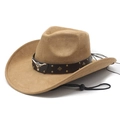 Faux suede western cowboy hat in light brown with bull head ornament and windproof strap - M (56-58cm) / Camel