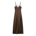 Elegant deep coffee satin slip dress with a V-neck and silky texture for women - XS / Coffee