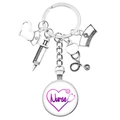 Silver medical keychain with nurse charms and a purple glass pendant heart design - Gradient Nurse Heart