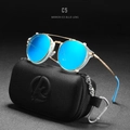 Steampunk round metal sunglasses with ice blue mirrored lenses and a black hard case - Gold Frame Ice Blue Mirror Lens C5