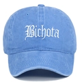 Close-up of white Bichota gothic embroidery on light blue washed cotton baseball cap - Light Blue